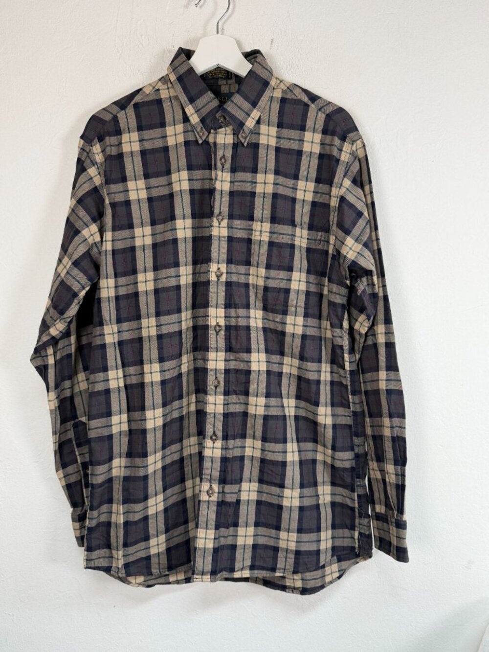 Viyella Patrick James Mens Plaid Button-Down Shirt Medium Beige Navy Wool Blend